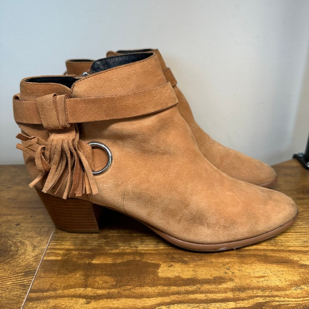Rebecca‎ Minkoff Womens Tan Suede Fringe Ankle Boots Stacked Heel Size 8.5M
